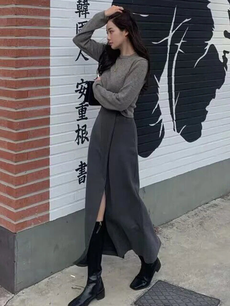 Aiertu  -  Slim Slit Elegant Long Skirts For Women Autumn High Waist Korean Skirt Female Street Casual Patchwork Commuting Skirts Aiertu