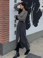 Aiertu  -  Slim Slit Elegant Long Skirts For Women Autumn High Waist Korean Skirt Female Street Casual Patchwork Commuting Skirts Aiertu