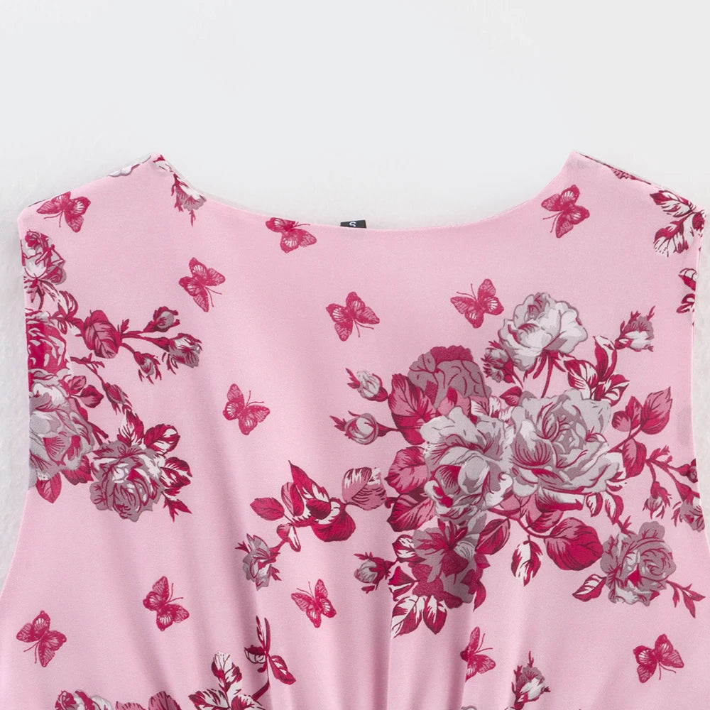 Aiertu  -  Pink White Deep Blue Three Color V Neck Sleeveless Floral Print Stacked Skirt Edge Design Women Short Dress ZATT 2025 Summer New Aiertu