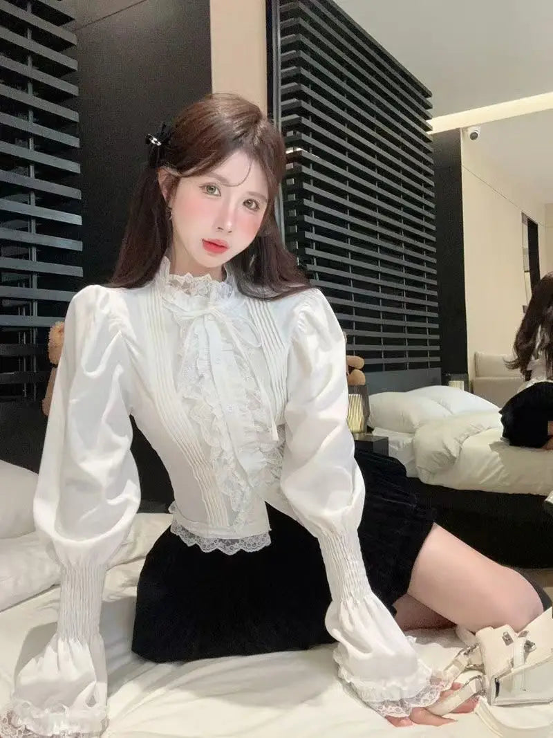 Aiertu Horn Bubble Sleeve Shirt Women's Half High Collar Top Lace Bottom Shirt Aiertu