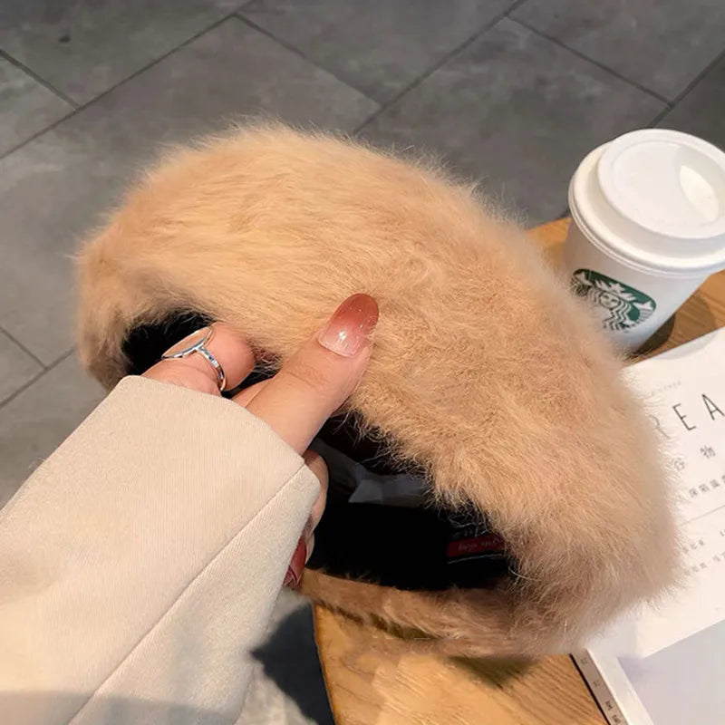 Aiertu  -  Winter Rabbit Fur Soild Color Beret Hats Women For Adjustable Elastic Band Warm Beret Elegant Soft French Artist Beanie Hat Girl Aiertu