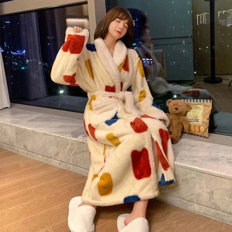 Aiertu  -  Women Print Mid-calf Robes Design Winter Warm Thick Korean Style Homewear Lounge Casual Popular Feminino Fashion Loose Bathrobe Aiertu