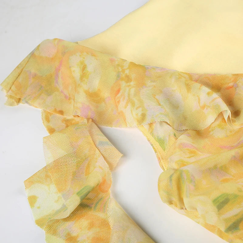 Aiertu  Holiday Style Yellow Flora Prints Women Dress Summer Fashion Design Irregular Ruffles V-Neck Short Frock Aiertu