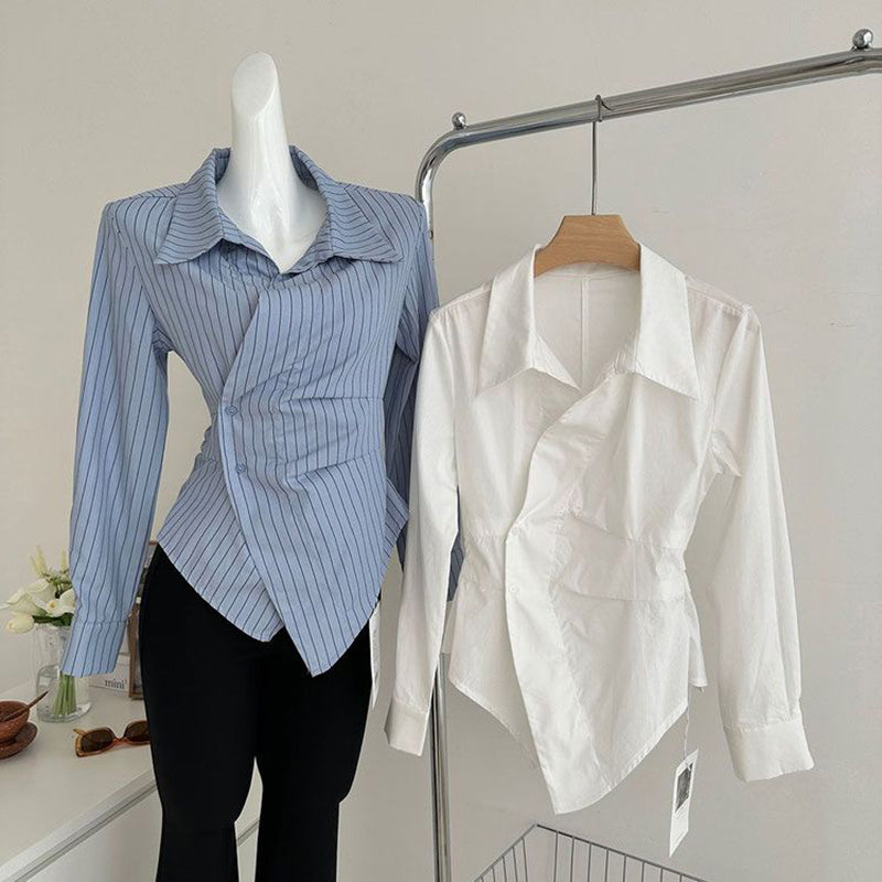 Aiertu Elegant Striped Shirts Women Vintage Irregular White Blouses Ladies Korean Long Sleeve Chic Buttons Slim Design Tops New Aiertu