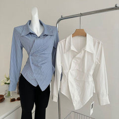Aiertu Elegant Striped Shirts Women Vintage Irregular White Blouses Ladies Korean Long Sleeve Chic Buttons Slim Design Tops New Aiertu