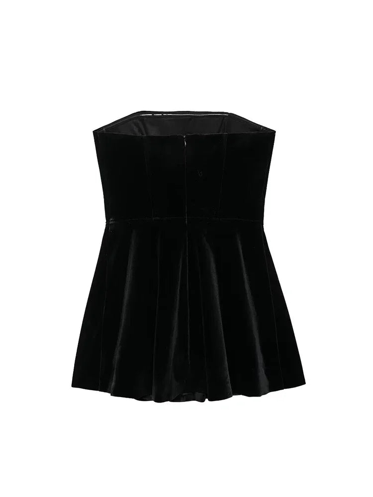 Aiertu  Women Fashion Black Backless Zipper Pleated Mini Dress Vintage Strapless Slash Neck Female Chic Lady Dresses Aiertu