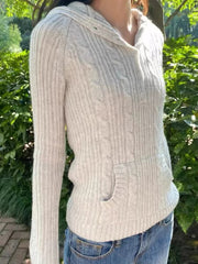 Aiertu  -  Gray Twisted Hooded Sweater Women Winter New Buttons Long Sleeve Pocket Slim Jumper Simple Casual Preppy Style Knitted Pullovers Aiertu