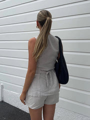 Aiertu  -  Cotton And Linen Solid Shorts Sets Women V Neck Buttons Sleeveless Vest+Drawstring Short Pants Simple Fashion Casual 2 Piece Set Aiertu