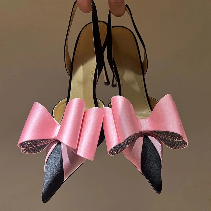 Aiertu  -  Bow Satin Stilettos New Women Point Toe Thin High Heel Slingbacks Elegant Sweet Pumps Sandals Shoes For Woman Aiertu