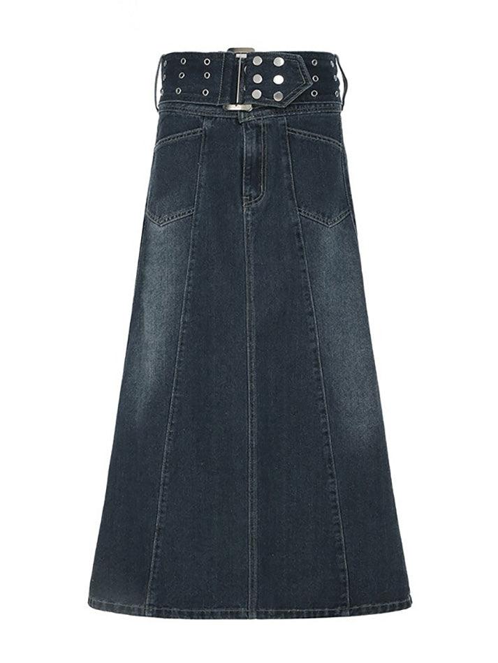 Aiertu  -Vintage Eyelet Belt A-Line Denim Skirt aiertu