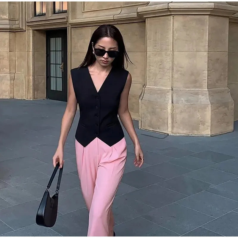 Aiertu  -  Fashion Temperament V-neck Small Suit Vest Women 2026 Spring Summer Slim Solid Color Single Breasted Coat Female Commute Clothes Aiertu
