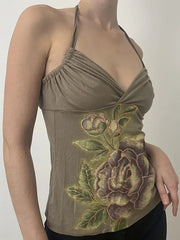 Aiertu  -Vintage Print Drawstring Halter Backless Top aiertu