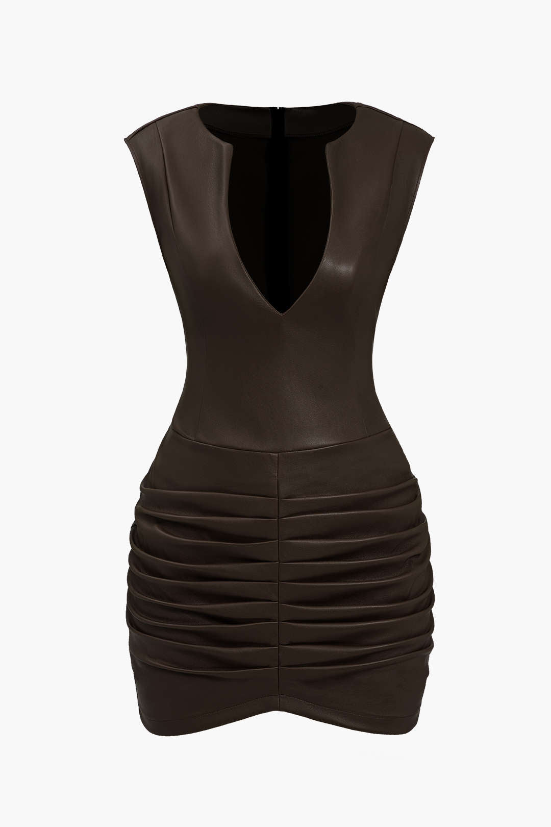 Aiertu  Ruched Faux Leather V-Neck Bodycon Mini Dress Aiertu