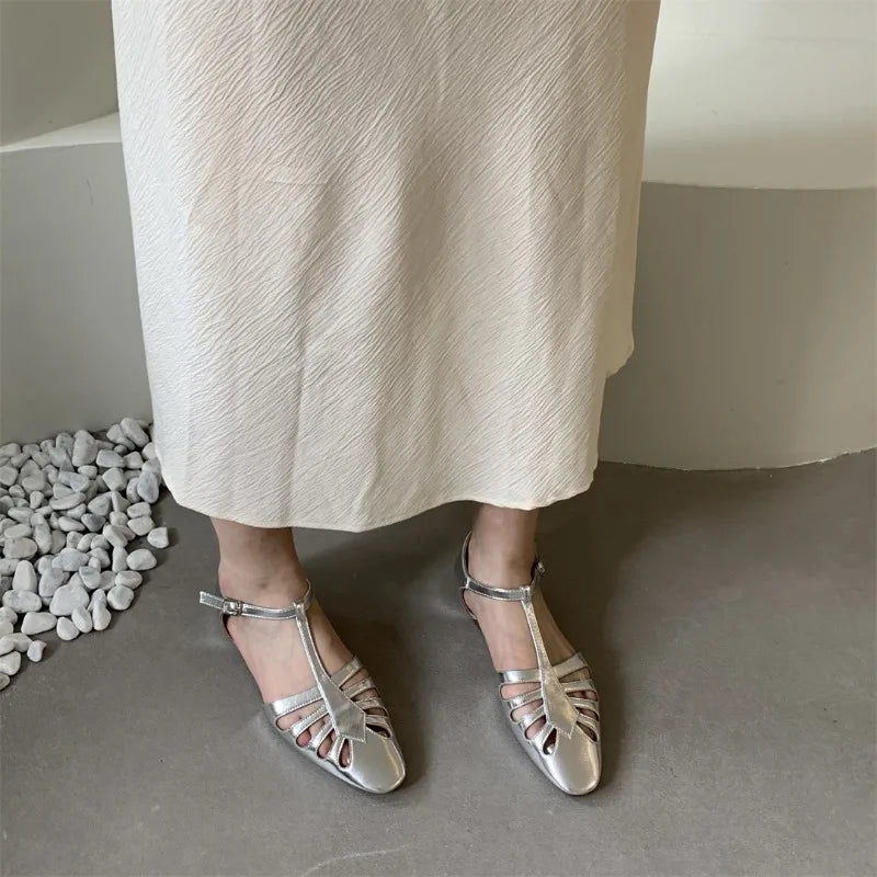 Aiertu  -   T-strap Rome Flat Sandals Women Hollow Out Vintage Summer Mary Janes Shoes Ladies Pu Leather Holiday Elegant Gladiator Sandals Aiertu