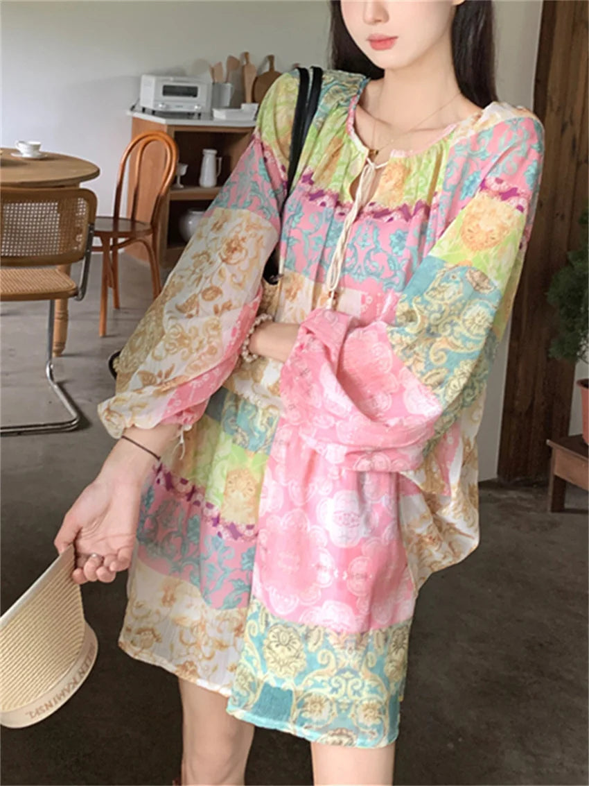 Aiertu  -  Sunscreen Printed Vintage Women Sets New Blouses India Folk Gentle Summer Full Sleeve Stylish Chic Casual Suit Shorts Aiertu