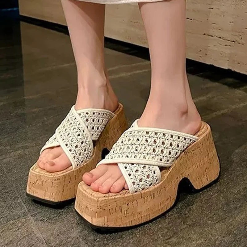 Aiertu  -  Mesh Women Slippers Platform High Heels Sandals Square Toe Shoes Summer Brand Beach Shoes Elegant Dress Pumps Mujer Slides Aiertu