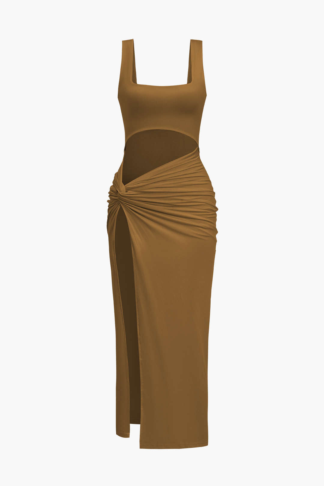 Aiertu  Solid Twist Front Cut Out Slit Midi Dress Aiertu