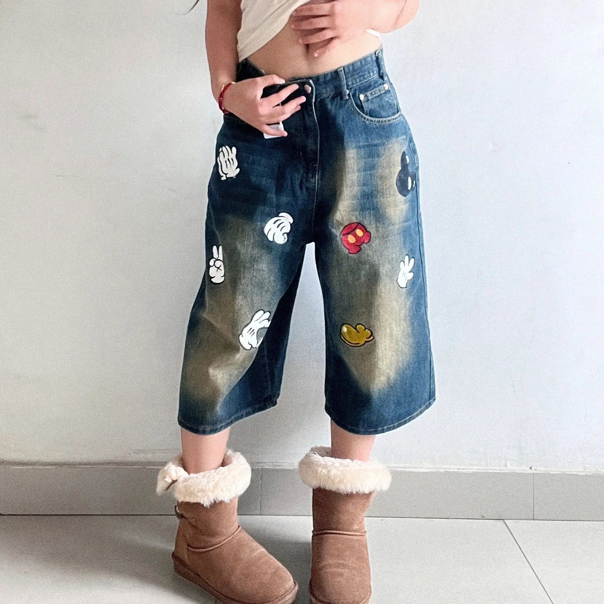 Aiertu  -  Fun Graphic Print Denim Knee Length Pants American Retro Straight Wide-leg Shorts Harajuku Style Fashion Street Loose Shorts Aiertu