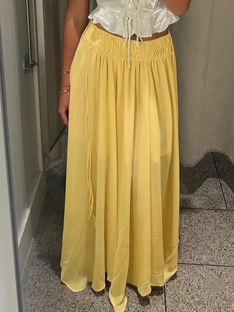Aiertu  -  Slim Drawstring Pleated Long Skirt For Women Elastic Waist Solid Color High Waist Fashion Patchwork Female Long Skirt Aiertu