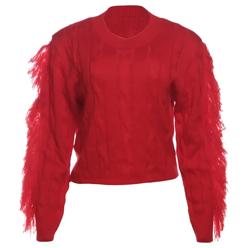 Aiertu  -  Splice Tassel Short Knitted Top Female Solid Slim Fit Long Sleeves Fashion Pullover Sweater Women's Autumn Winter Casual Aiertu