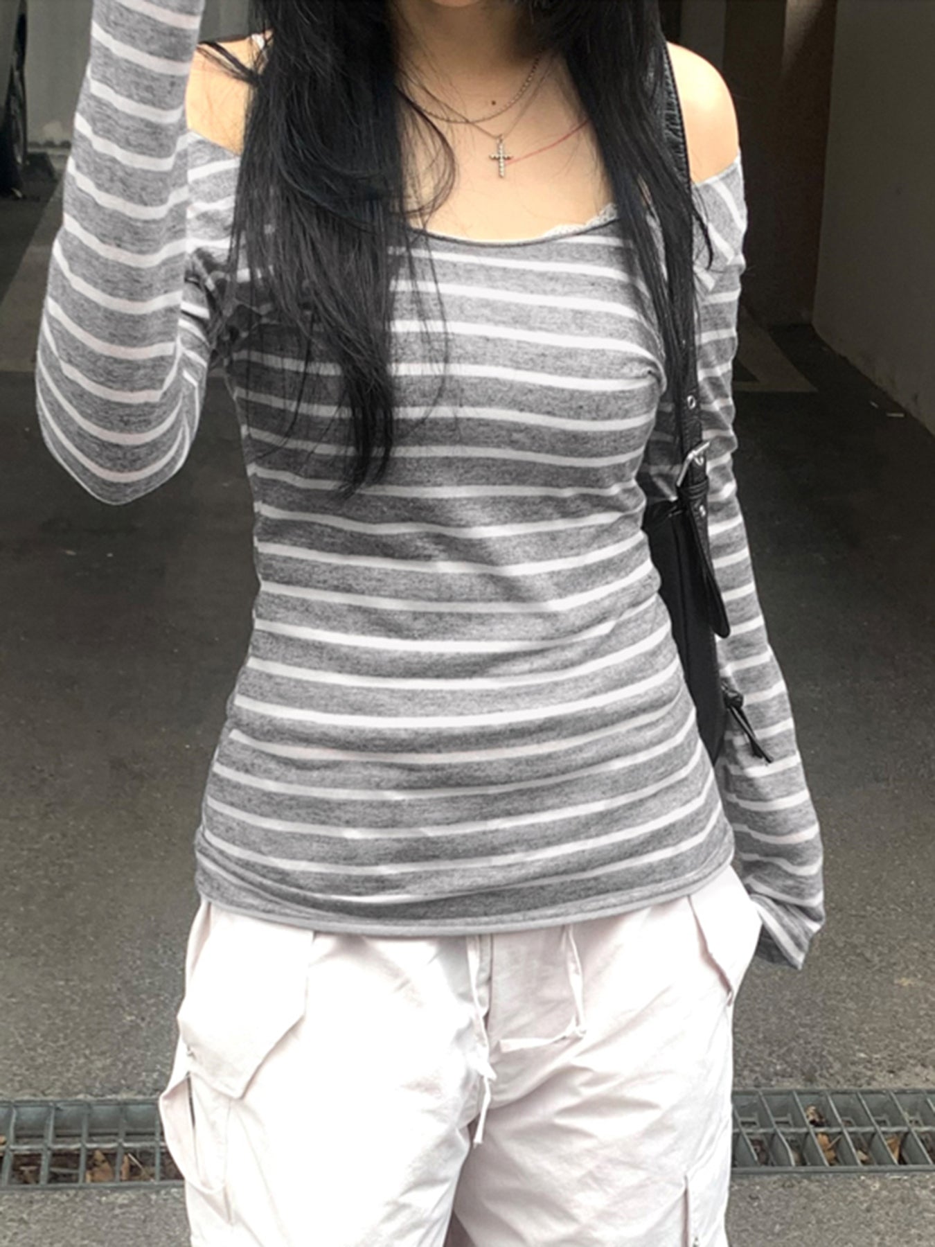 Aiertu - summer inspo Hot Japanese Basic Slim Long Sleeve Stripe Tee Off Shoulder O Neck Korean Street Style Spring Autumn Y2K Gray T Shirt Women Aiertu