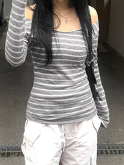 Aiertu - summer inspo Hot Japanese Basic Slim Long Sleeve Stripe Tee Off Shoulder O Neck Korean Street Style Spring Autumn Y2K Gray T Shirt Women Aiertu