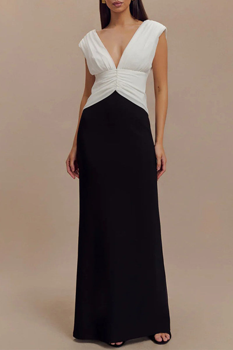 Aiertu  -  Sexy Backless Ruched Contrast V Neck Long Dresses Aiertu