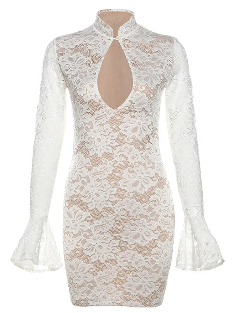 Aiertu  -  Sexy Knit Lace Hollow Out Mini Dress Elegant Stand Neck Flare Long Sleeve Slim Dresses Fashion Lady Party Club Evening Vestidos Aiertu
