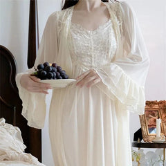 Aiertu  -  Sexy Womens Nightdress Lace Princess Nightgowns Slip Vintage Lady Women 2 Pcs Robe Set Autumn Pajama Sleepwear Bathrobe Home Set Aiertu
