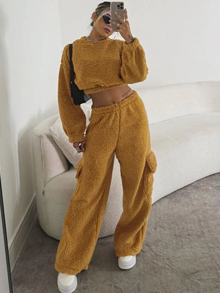 Aiertu      -  Solid Plush Long Sleeve Sweatshirt Trousers Two-Piece Set Female Casual Crop Top Matching Set Lady Autumn Winter Warm New Aiertu