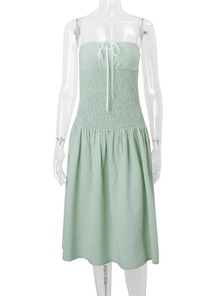Aiertu  -  Sexy Square Collar Ruched Women Maxi Dress Green Spaghetti Strap High Waist Dress Female Summer Slim Elegant Streetwear Aiertu