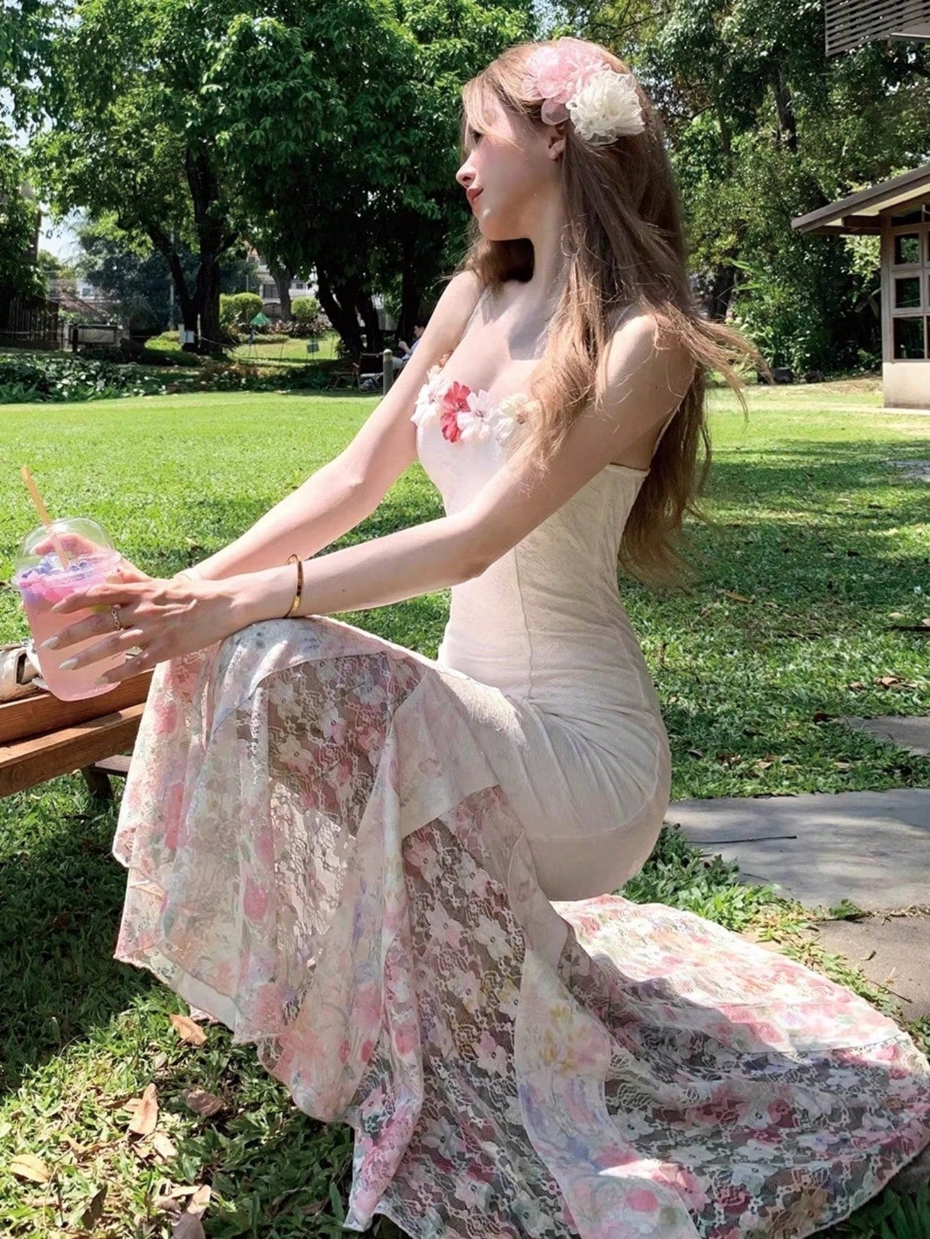 Aiertu  Women Elegant Floral Printed Lace Spliced Spaghetti Strap Mermaid Dress Chic Wedding Guest Evening Praty Dress Vacation Clothes Aiertu