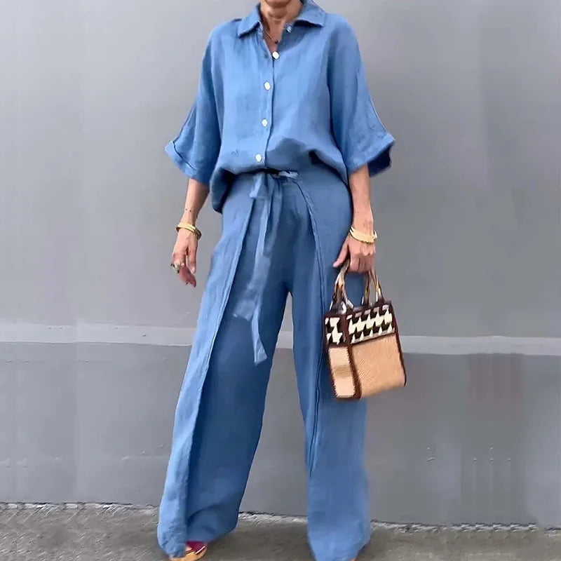 Aiertu  -  Elegant Lapel Button Shirts & Long Pant Suits Women Casaul Short Sleeve Solid Outfits Fashion Cotton Linen Lace-up Loose 2Pc Set Aiertu