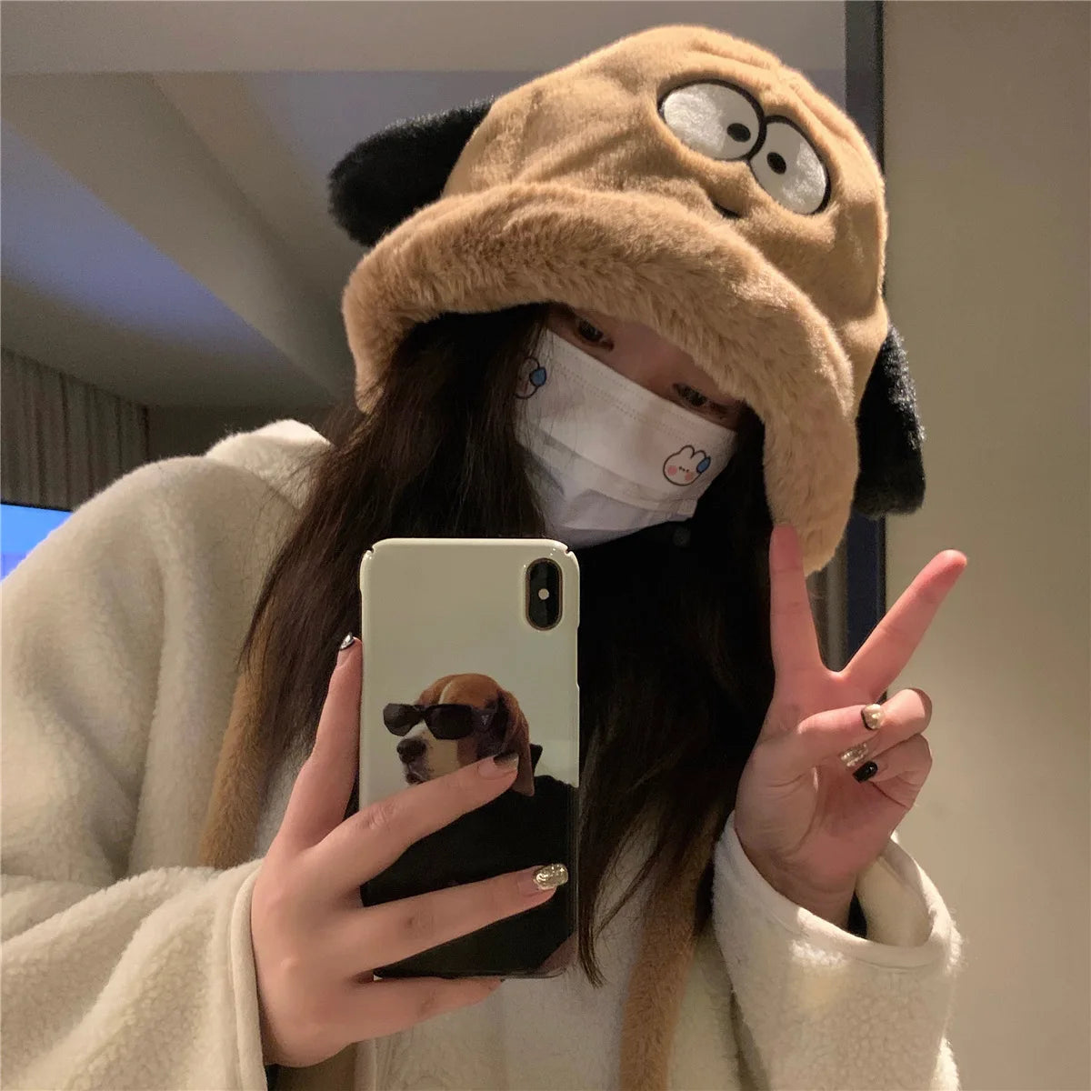 Aiertu  -  Winter Cute Fleece Beanie Hat For Women Girl Cartoon Big Eyes Plush Long Ears Soft Warm Skullies Hat Thickened Earflap Party Cap Aiertu