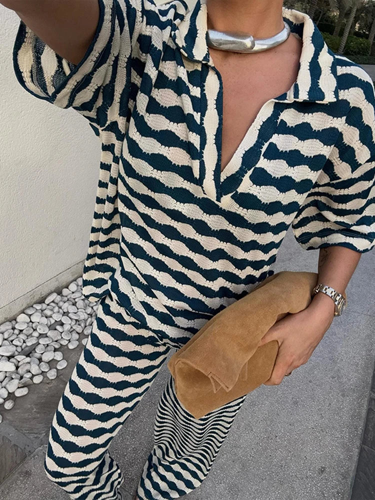 Aiertu  -  Stripe Pant Women's Suit Casual Laple Short Sleeve Tees Set Loose Waist Wide Leg Pants Female Set Summer Lady Street Outwears Aiertu