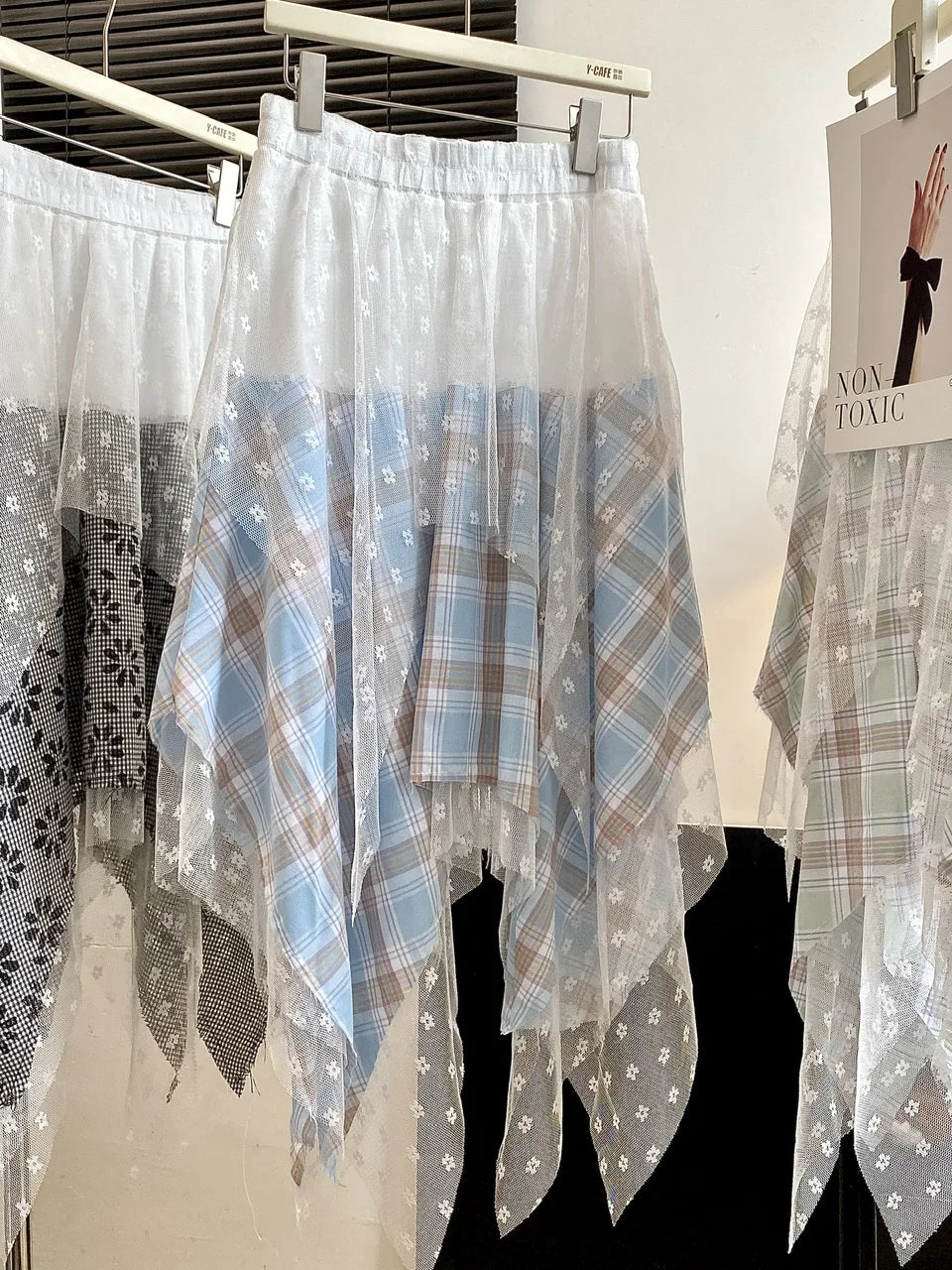 Aiertu  -  Sweet Girl Lace Mesh Skirt Women's Spring Elastic Waist Irregular Plaid A-line Long Skirt Fashion Female Clothes Aiertu
