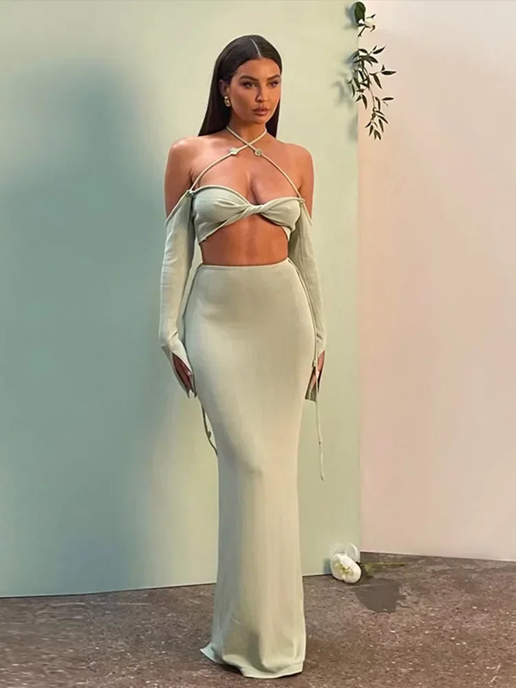 Aiertu  -  Sexy Strapless Knit Women Tube Tops Set Split Hip Package Slim Female Skirt Sets 2024 Elegant Holiday Beach Backless Lady Suit Aiertu