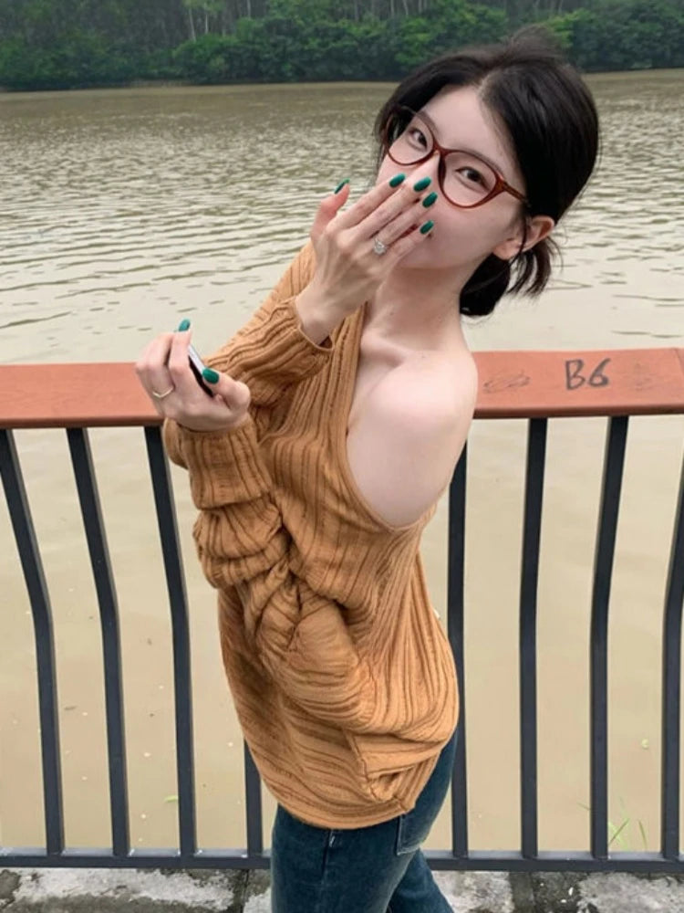 Aiertu  -  Vintage Loose Knitted Skew Collar T-shirts 2025 Y2k Aesthetic Spring Streetwear Fairy Tops Women Casual Fashion Hole Grunge Tees Aiertu