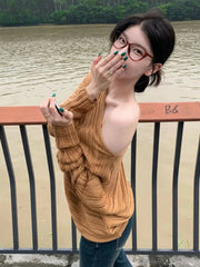 Aiertu  -  Vintage Loose Knitted Skew Collar T-shirts 2025 Y2k Aesthetic Spring Streetwear Fairy Tops Women Casual Fashion Hole Grunge Tees Aiertu