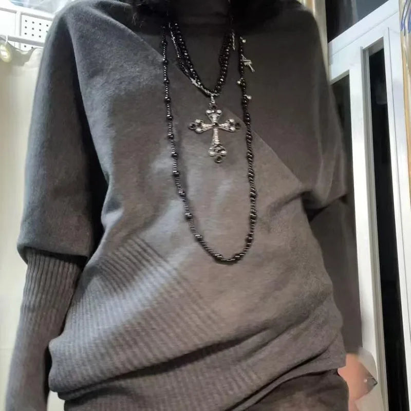 Aiertu  -  New American Vintage Asymmetrical Long Knitted Batwing Sleeve Pullovers Y2k Harajuku Office Lady Autumn Sweaters Punk Jumpers Aiertu