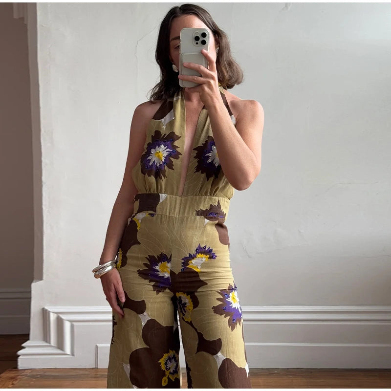 Aiertu  -  Printed Sequins Backless Halter Jumpsuits Women High Waist Deep V-neck Wide Leg Straight Jumpsuit Commute Holdiay Lady Romper Aiertu