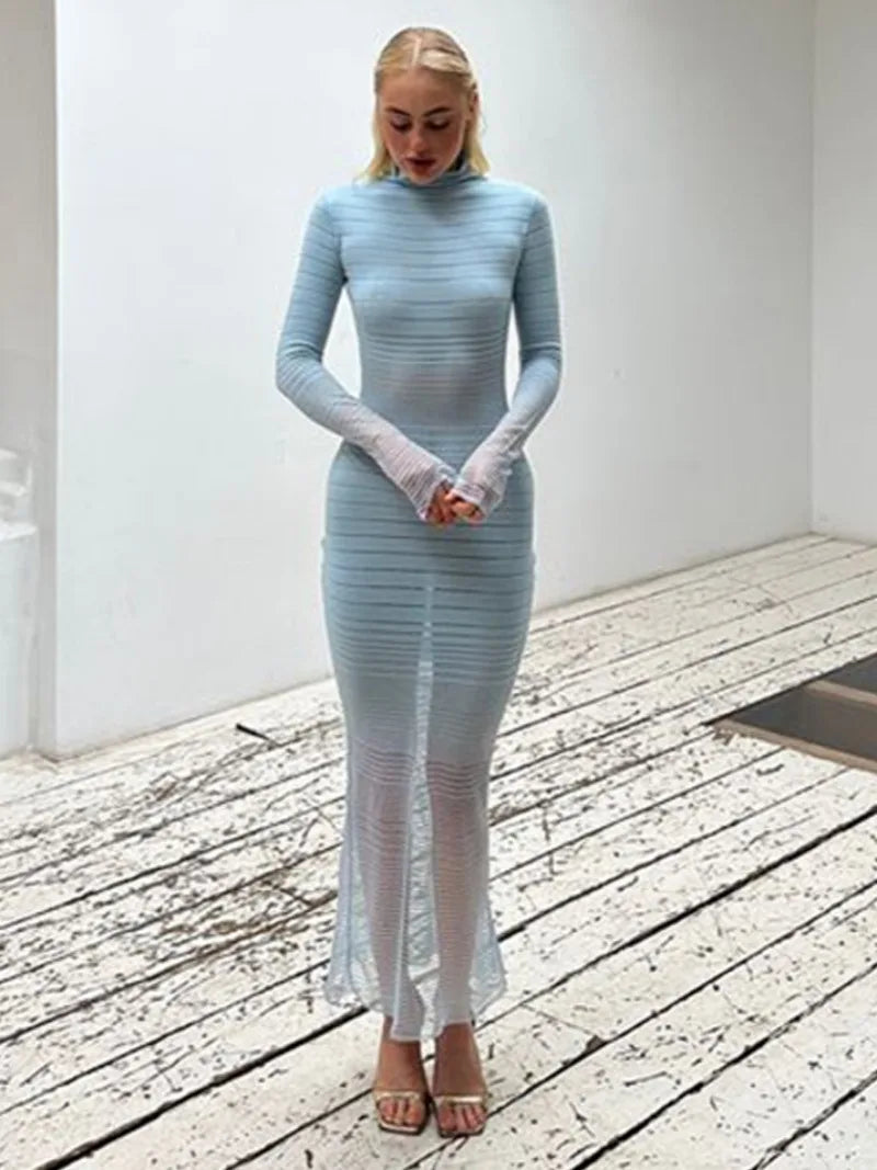 Aiertu  -  2026 Autumn Winter Striped See-through Knitted Long Dress Streetwear Sexy Women's Half High Collar Bodycon Evening Party Dresses Aiertu