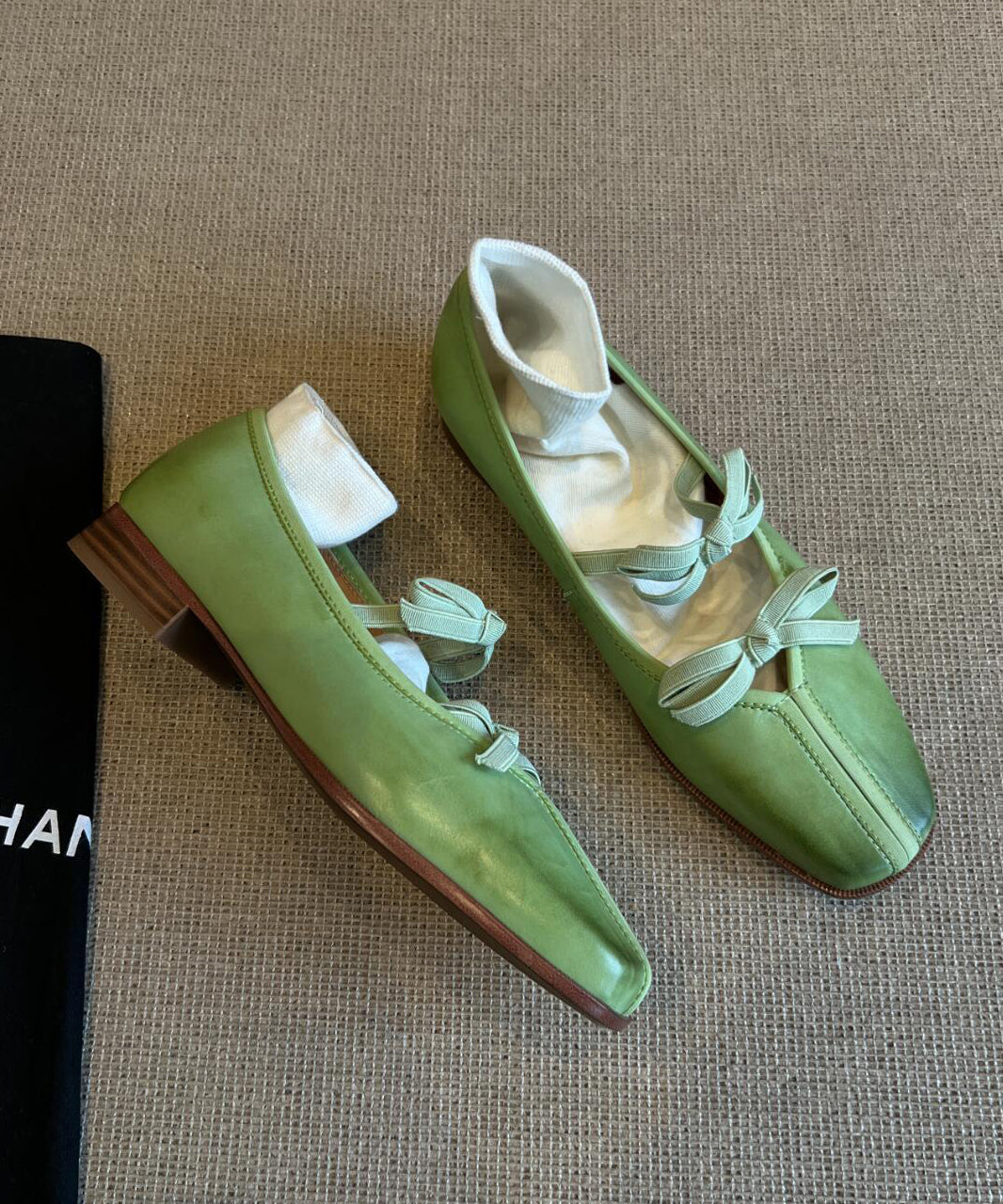 Aiertu  Fine Bow Splicing Comfy Flats Green Sheepskin Aiertu