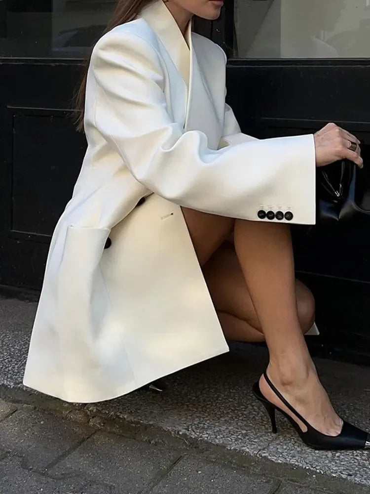 Aiertu  -  Women Fashion Solid Stand Collar Long Coat With Shoulder Pads Elegant Full Sleeves High Waist Coats Chic Lady Street Overcoat Aiertu