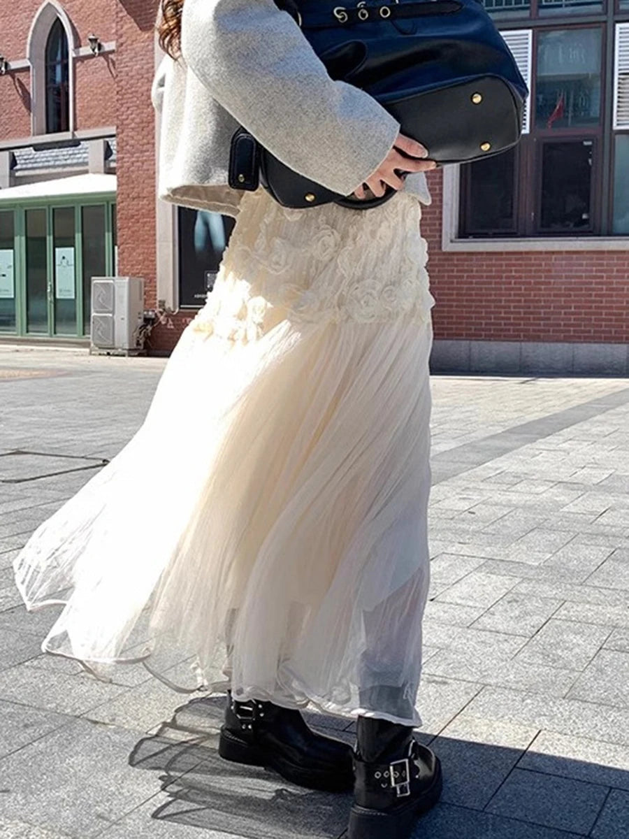 Aiertu  -  3D Flower Mesh Long Skirt Women Korean Fashion Elastic Waist A-line Faldas Spring Casual Elegant Simple Midi Skirts 2025 New Aiertu