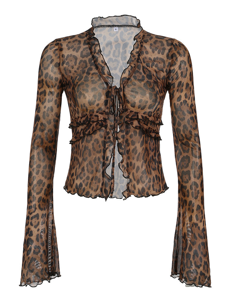 Aiertu - summer inspo Leopard Print Lace-Up Blouse Shirts Women Semi-Sheer Mesh Elegant Fashion Sexy Flared Sleeve Ruffled Cardigan Tops Aiertu