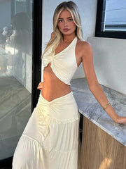 Aiertu  -  Hanging Neck Halter Vest Top High Waisted Skirt Two Piece Set Lace Up Waistcoat Strap Camisole Bikini Blouse Beach Pleat Skirts Aiertu