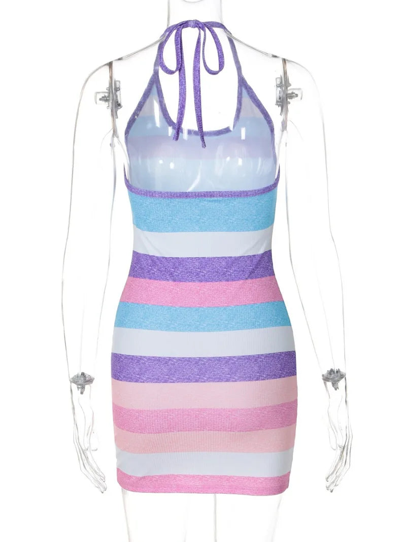 Aiertu  -  Fashion Sexy Halter Neck Lace-up Striped Beach Dress 2026 Woman Clothes Off Shoulder Backless Bodycon Mini Party Club Dresses Aiertu
