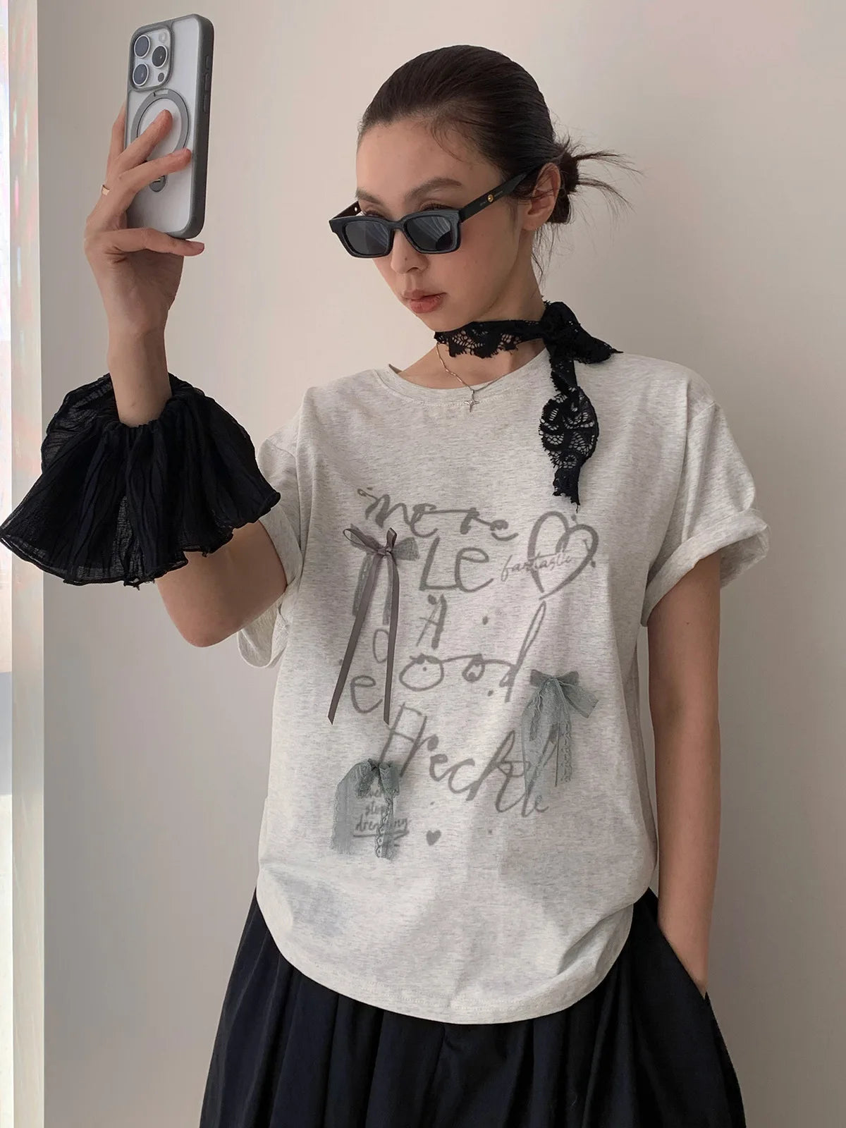 Aiertu  -  Summer new Korean loose letter printing lace bow decoration loose round neck short-sleeved T-shirt Aiertu