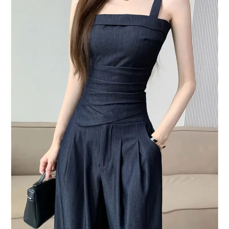 Aiertu  -  Sweet Hot Girl Pure Sexy Suit Women's Summer Denim Camisole Vest High Waist Wide Leg Pants Two-piece Set Fashion Female Clothes Aiertu